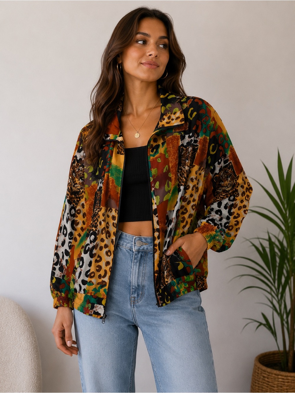 Vintage FUDA International 100% Silk Animal Print Bomber Jacket Size Medium